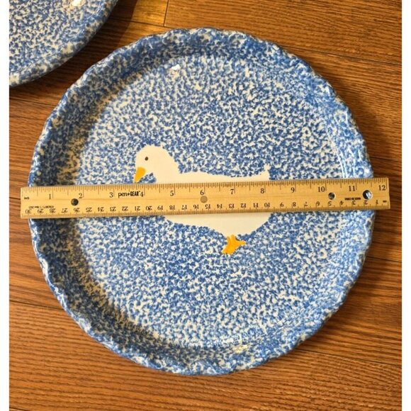 Vtg Ovenware Duck Blue White Spongeware Tart Plate Dish 11.75" Round Grandmacore - Picture 4 of 7